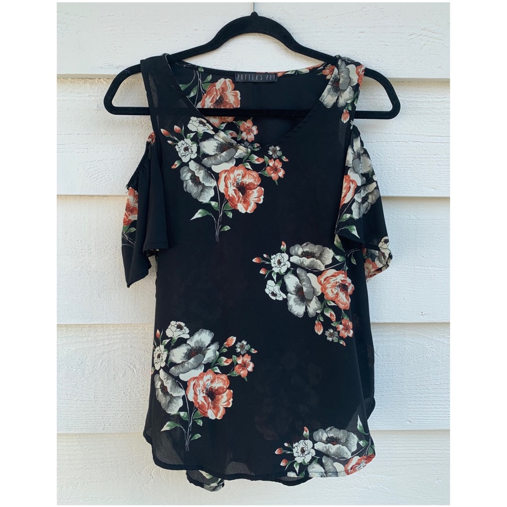 Black Floral Open Shoulder Blouse